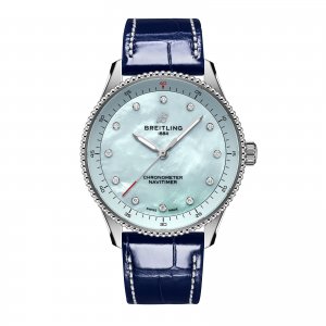 Copie montre Breitling Navitimer 32 mm pour femme Alligator en nacre bleue A77320171C1P1