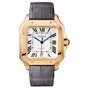 Replique Cartier Santos De Cartier Large automatique Silver Dial Grey Leather Strap Men's WGSA0019