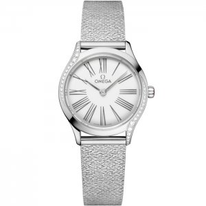 Bracelet Omega Mini Tresor Quartz 26 en acier inoxydable et email blanc diamante 428.15.26.60.04.001