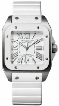 Réplique Cartier Santos 100 Medium Automatique Acier & White Rubber W20129U2