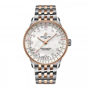 Copie montre Breitling Navitimer 36 mm pour femme en acier inoxydable en nacre blanche et or rouge 18 carats U17327211A1U1