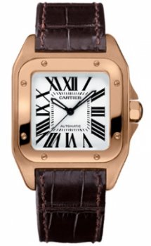 Réplique Cartier Santos 100 18k Rose Or Medium Marron Alligator Sangle W20108Y1