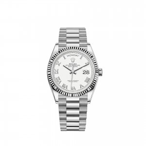 Réplique Rolex Day-Date 36 Bracelet President en or blanc 18 ct a lunette cannelee m128239-0038