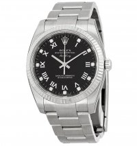 Réplique Rolex Air King Cadran Noir Diamant 18k Lunette en Or Blanc Acier 114234BKRDO