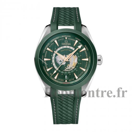 Omega Seamaster Aqua Terra 150m Co-Axial Master Chronometer GMT Worldtimer 43mm Replique montre homme Caoutchouc vert O22032432210001 - Cliquez sur l'image pour la fermer