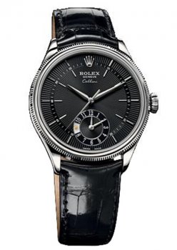 Réplique Rolex Cellini Dual Time Or blanc Noir Guilloche Dial Montre 50529