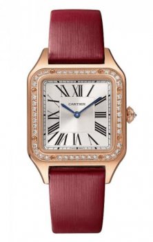 Replique Cartier Santos Dumont Argent Dial 18K Or Rose Diamants Bracelet en cuir aux femmes WJSA0019