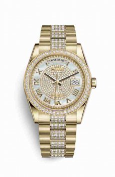 Réplique montre Rolex Day-Date 36 jaune 18 ct 118348 nacre blanche pavee Cadran m118348-0076
