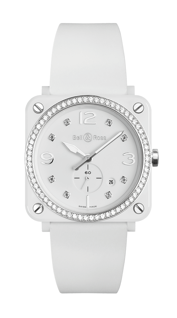 Réplique Montre Femme Bell & Ross Aviation BR S Quartz Ceramique Blanche Diamants Ceramique Bracelet Ceramique