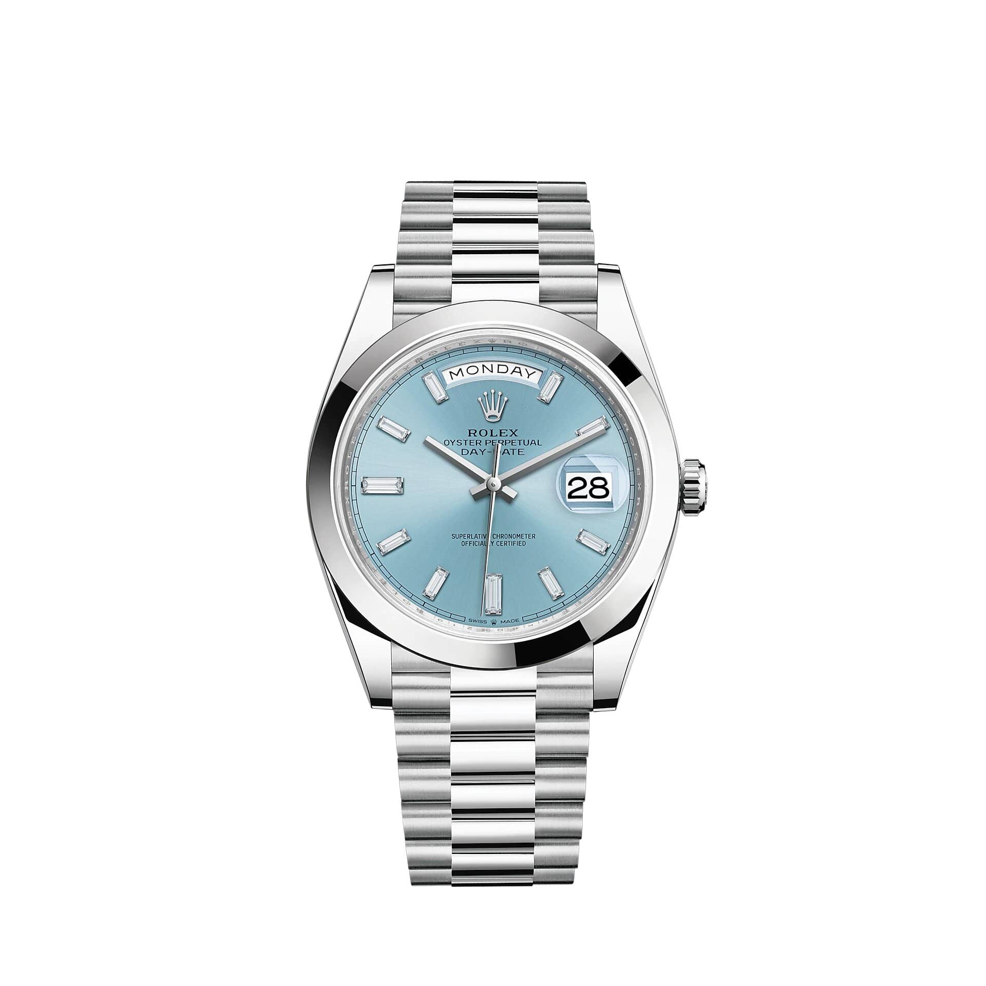 Réplique montre Rolex Day-Date 40 Platinum ice blue diamond-set dial Smooth bezel m228206-0002